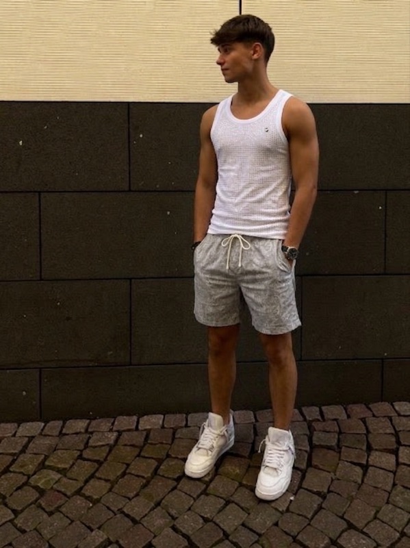bandana-print swim shorts, rhinestone-embellished cotton tank top, pre-owned Speedmaster Moonwatch 44mm, onyx-bead drawstring bracelet - White & Grey Summer Men