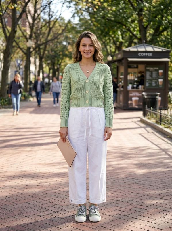 crochet V-neck cardigan, wide-leg cotton trousers, logo-plaque clutch bag , 18kt recycled yellow gold and tiger eye chain anklet, Nizza Low leather sneakers, 18kt yellow gold diamond solitaire charm - Jennifer outfit