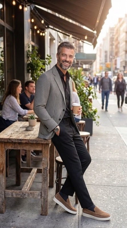 suede derby shoes, tailored cigarette trousers, 1982 pre-owned GMT-Master 40mm, single-breasted houndstooth blazer - Classic Monochrome Business Casual Men