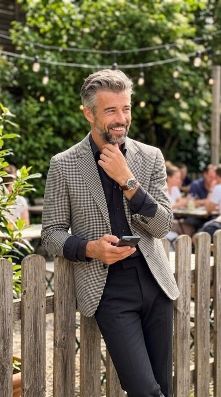 suede derby shoes, tailored cigarette trousers, 1982 pre-owned GMT-Master 40mm, single-breasted houndstooth blazer - Classic Monochrome Business Casual Men