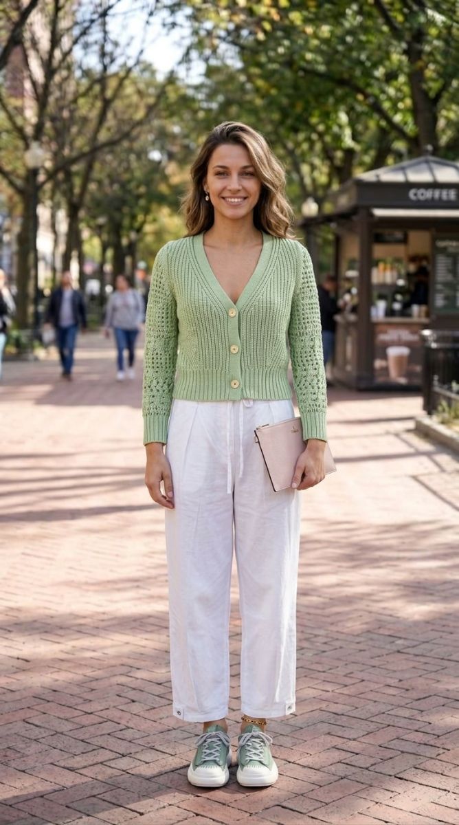 Nizza Low leather sneakers, crochet V-neck cardigan, wide-leg cotton trousers, logo-plaque clutch bag , 18kt yellow gold diamond solitaire charm, 18kt recycled yellow gold and tiger eye chain anklet - Jennifer outfit